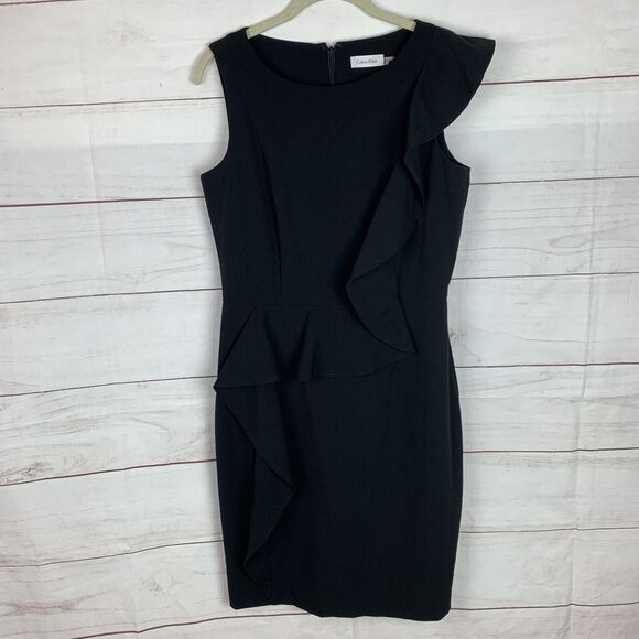 Calvin Klein Dress Black 8 Medium Ruffle Bodycon Formal Classic Zipper Career - Picture 3 of 16